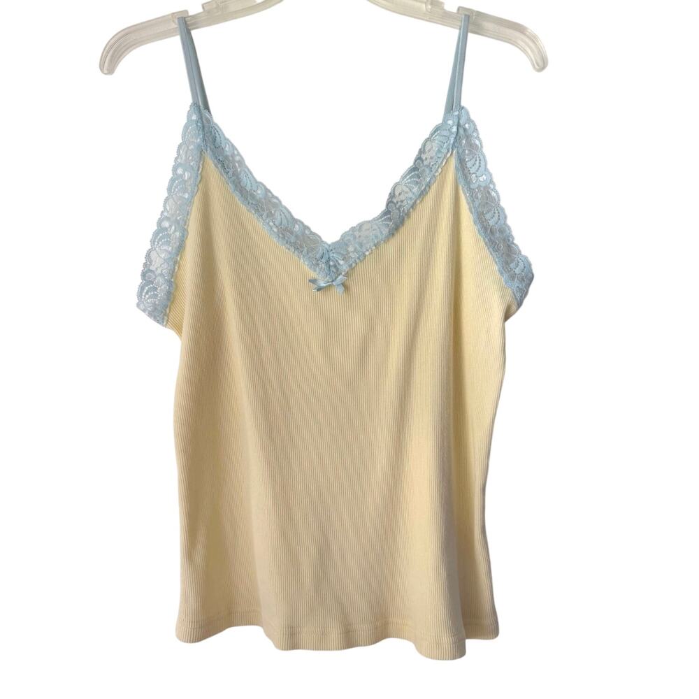 Ribbed Lace Trim Camisole Size XL Yellow Romantic Feminine Y2K Dainty Fairy